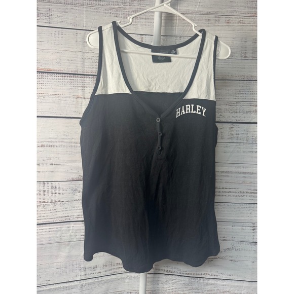 Harley-Davidson Tops - Harley Davidson Womens Black White Henley Tank Top Biker Motorcycle Logo Graphic